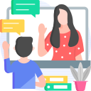 Virtual Class Illustration: Icon of student and teacher in an online video class.